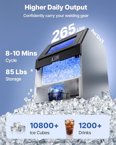 Image of VEVOR Commercial Ice Maker Machine with Pump, 265 lbs /24h with 85 lbs Storage Capacity, Built-in /Freestanding /Under Counter, Stainless Steel Ice Maker with LED Display & Self-Cleaning, for Home Bar