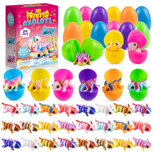 Easter Basket Stuffers - Easter Basket Essentials - 24 Pack Prefilled Easter Eggs Filled with 3D Axolotl Toys - Mini Animal Fidget Figures Easter Gifts for Toddlers Boys Girls