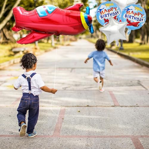 Image of Rozi Decoration Airplane Theme Birthday Party Foil Balloons Set - Red Plane, Star and Round Happy Birthday Balloons Decoration Kit for Kids Party Supplies Set of 5 Pcs