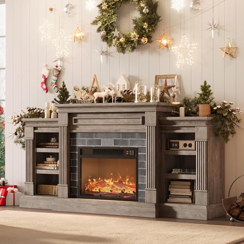 IDEALHOUSE 71 Inch Electric Fireplace with Matal, Fireplace TV Stand for TV Up to 80', Entertainment Center with Storage, Realistic Stacked Stone Surround with Remote Control and 3D Flame, Gray