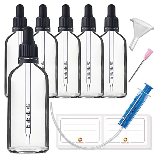 6 x 100 ml pipettflaska klar droppflaska av transparent glasuppsättning – apotekflaskor innehåller 16 hjälptillbehör