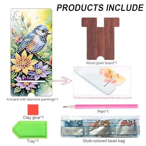 Image of Flower and Bird Diamond Painting Phone Stand with Mirror, DIY Wooden Diamond Art Desktop Holder, 2-in-1 Diamond Painting Tabletop Ornament - Phone Stand and Mirror for Home and Office