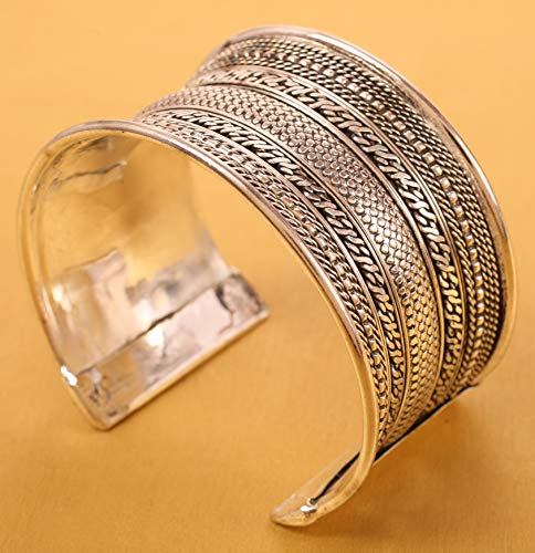 Image of Touchstone Indian Bollywood Desire Brass Base Exotic Workmanship Free Size Cuff Bracelet in Antique Gold Or White Or Copper Tone for Women.