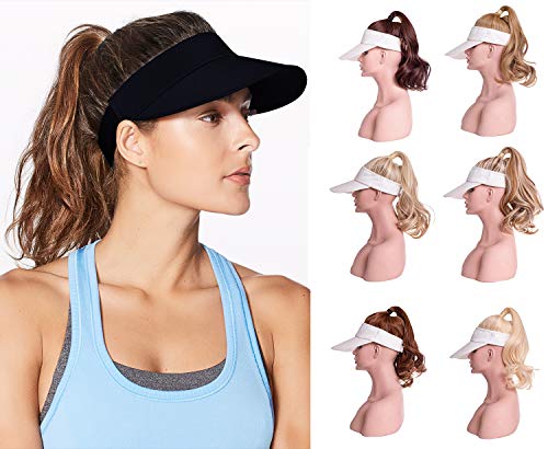 AynnQueen Ponytail Extension with Hat Curly Wavy Ponytail Wig with Visor Cap Ponytail Wigs for Women Hat with Ponytail Hair Extensions(Dark Black-white hat)