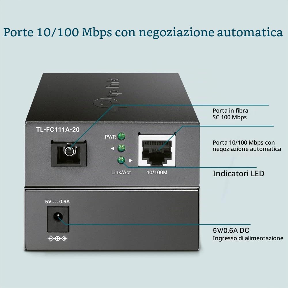 TP-Link TL-FC111A-20 Ethernet Media Converters, Convertitore Multimediale, Estende la Distanza Della Fibra fino a 20 km, Porta in Fibra SC, RJ-45 100Mbps, Auto Negoziazione, 1550 nm TX, 1310 nm RX