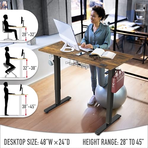 Image of SHW 48-Inch Electric Height Adjustable Standing Desk with Drawer, Memory Preset and Cable Management Tray, Rustic Brown