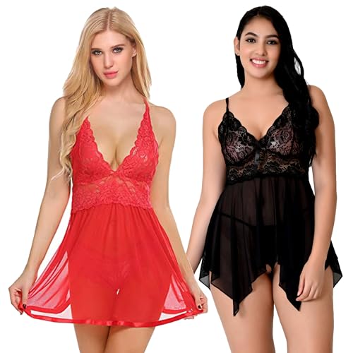 Image of Net Lace Women`s Babydoll Lingerie Dress for Honeymoon Night S-3XL
