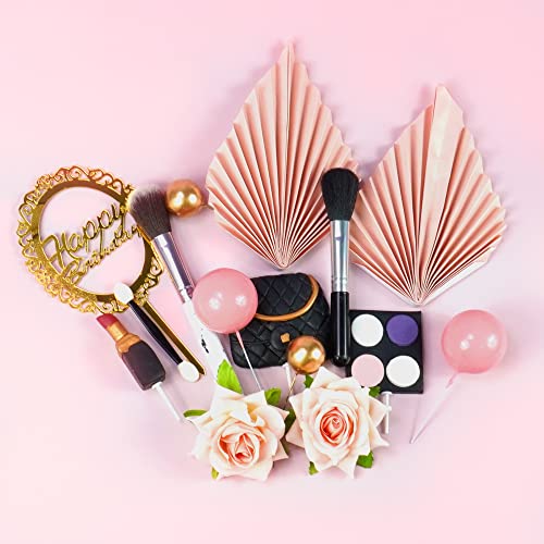 Makeup Cake Topper Cosmetics Artificial Rose Palm Leaves Happy Birthday Cake Toppers Spa Makeup Birthday Party Supplies For Girls (Pink) #TOP2