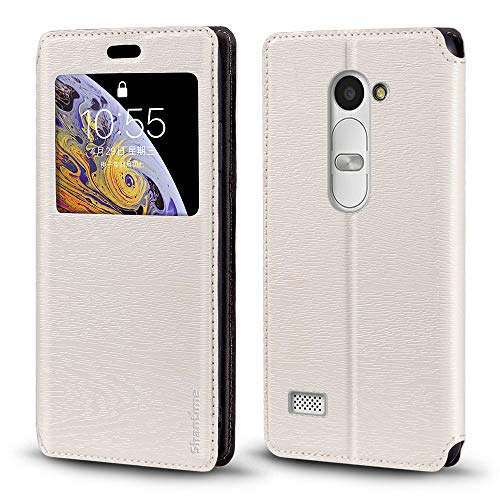 Shantime Viewable Window Leather Flip Case Compatible with LG Leon LTE, Elegant Design Clear Display Invisible Magnetic Cover and Card Slot(White)