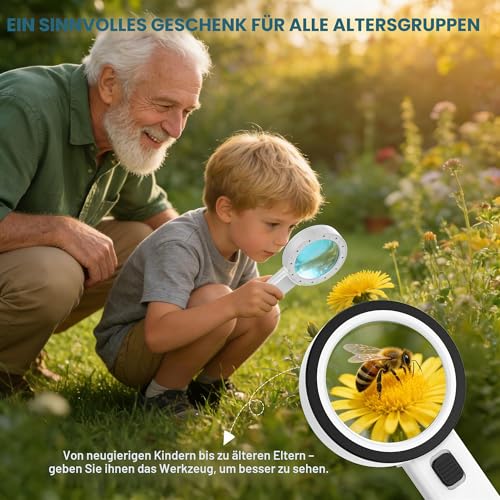 Nazano Lupe mit 12 Led Licht - Handlupe Leselupe, Hohe Klarheit & Leichtgewicht, für Senioren, Kinder, Juwelier, Hobbies