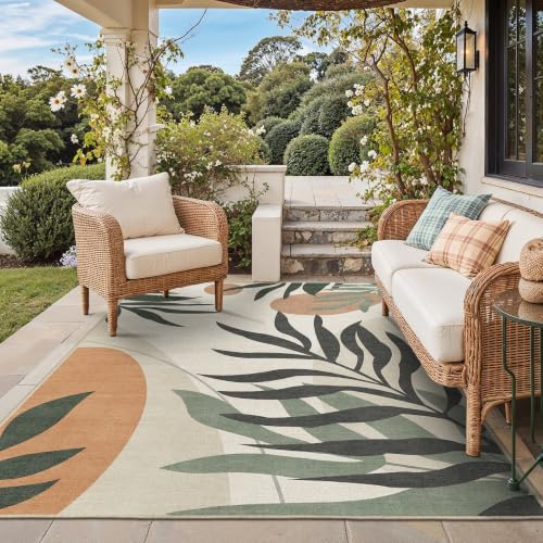 GENIMO Outdoor & Indoor Area Rug 5'x8', Waterproof, Non-Shedding, Easy Cleaning, Leaf Mat for Patio, Living Room, Balcony, Dining Room, RV, Deck, Bedroom, Camping, Outside Carpet, Beige Grey