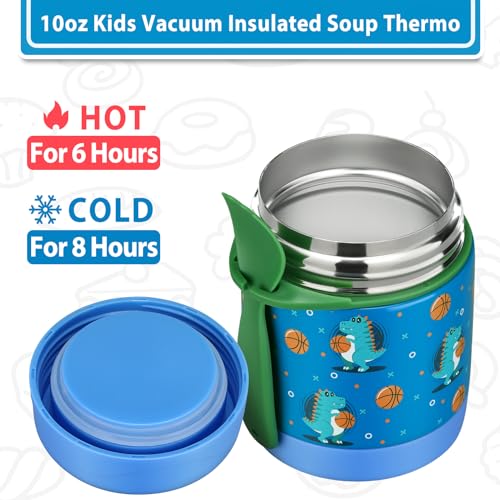 Image of Howeemo 10oz Soup Thermo for Hot Food Kids,Lunch Thermo Kids Food Jar with Spoon Hot Insulated Food Containers,Leak Proof Stainless Steel Wide Mouth Lunch Food Thermo Jar for School(Blue-Basketball)