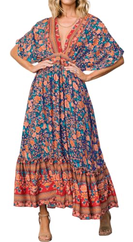 Image of R.Vivimos Women's Boho Floral Print Midi Dress with Pockets