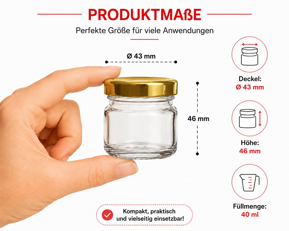 96 sztuk mini słoików 40 ml ze złotymi pokrywkami, małe słoiki na przetwory 46 x 43 mm, szklane pojemniki na dżem, miód, przyprawy, desery i prezenty dla gości