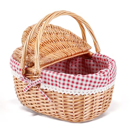 Cesta de Picnic de Mimbre, Cesta de Picnic con Tapa de Doble Apertura y Asa Plegable, Tejida a Mano con Forro de Algodón Extraíble, Ideal para Picnics, Camping, Recogida de Frutas(Rojo/40x34x19CM)