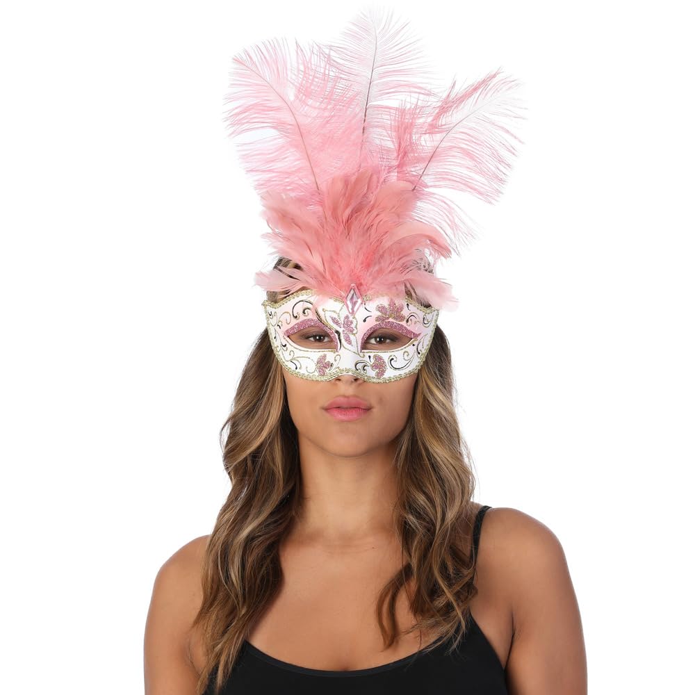 Stylex Party Masqueurade Eye Masks Halloween Ball Fancy Dress 1920s Flapper Burlesque Costume Outfit Accessories Choose Your Own (Tall Feather Pink)