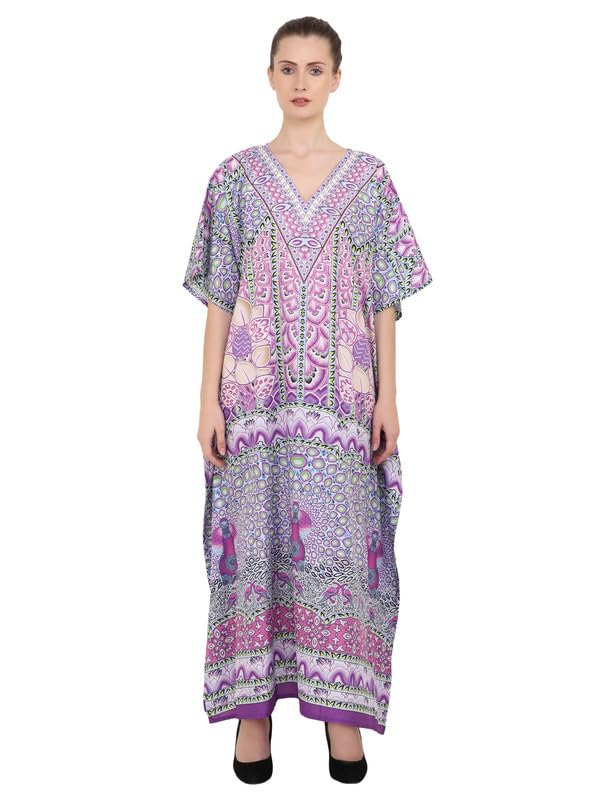 Image of Miss Lavish London Purple Ethnic Print Kaftan Dresses for Women V Neck Batwing Sleeve Beach Vacation Bikini Swimsuit Cover,Plus Size African&Dubai Caftan Maxi Beach Dress with Side Slits-Purple-2XL