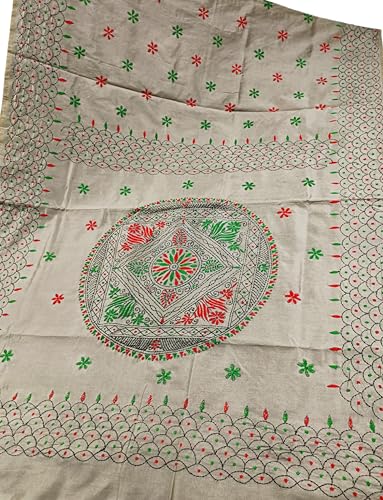 Image of SHRISTI CLOTHINGS Women's Hand Embroidered Cotton Silk Kantha Stitch Saree with Blouse Piece (J420724 GRAYOLIVE)