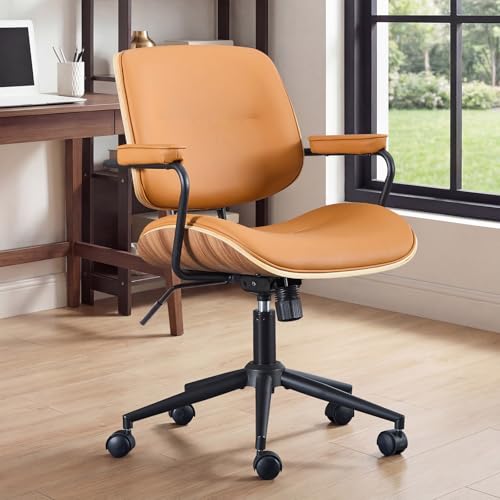 Image of Mid Century Modern Office Chair with Adjustable Backrest, Wooden Desk Chair with Armrests, Swivel Height Adjustable Home Office Chair, Comfortable Task Chair for Home Office, Brown