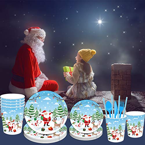Christmas Party Supplies, 161PCS Christmas Disposable Dinnerware Set Includes Serving 16 People Dinner Plates, Napkins, Cups, Straws and Balloons, Suitable for Christmas and New Year Party Tableware - Thumbnail 5