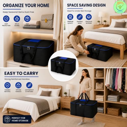 Image of Storage Bags for Blanket, Clothes, Toys and Bed Sheet Cover Bag - Underbed Large Size Black Cover Bags (54 x 46 x 28 cm) (Blue, Pack of 10)