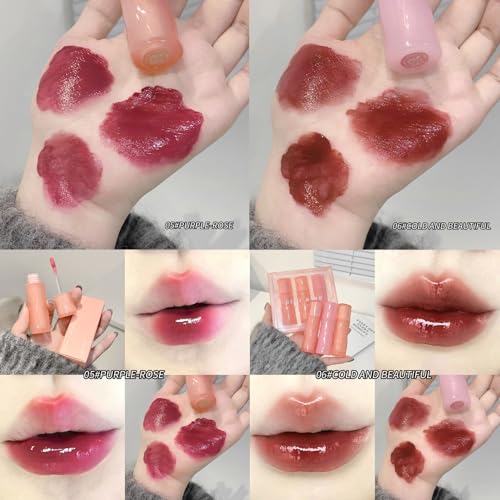 Image of Gege Bear Light Mirror Lip Glaze | Moisturizing & Long Lasting | Hydrating & Non-Sticky Shades | Liquid Lipstick with Brush Applicator | Waterproof Aesthetic Makeup | Pink Brown Nude Candy Red | Glossy Lipstick Combo Pack Set with Glow Shine Makeup for Women Girls (01# Peach Powder, 2.5g)
