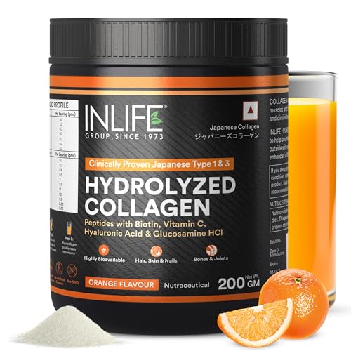 Image of INLIFE Japanese Hydrolyzed Collagen Peptides Powder Clinically Proven Ingredient, Type 1 & 3, Health Supplement for Men & Women (200g Orange)