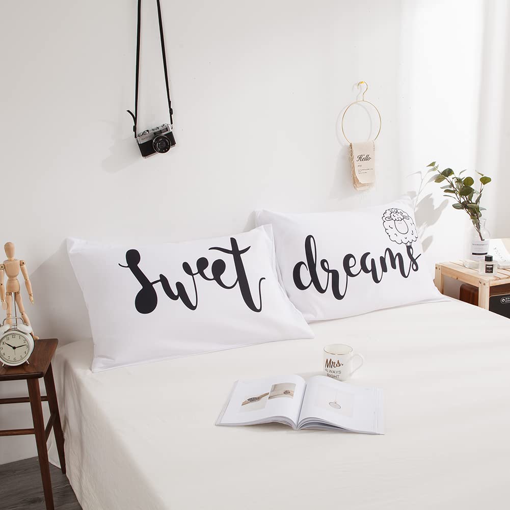 Herside Sweet Dreams Couple Pillowcases Queen Him and Hers Matching Couple Pillowcases Romantic White Pillowcases with Pocket Closure
