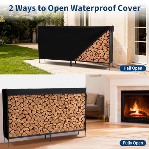 Image of DUMOS 8FT Heavy Duty Firewood Storage Rack, Heavy Duty Firewood Log Racks with Cover and Zipper, Outdoor Fire Wood Racks Storage Logs Rack and Cover Set for Farm, Garden, Patio, Black