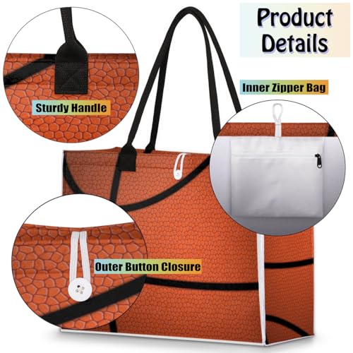 Sports Basketball Brown Tote Bag for Women Large Beach Bag Reusable Tote Bags for Work Travel Beach Shopping4