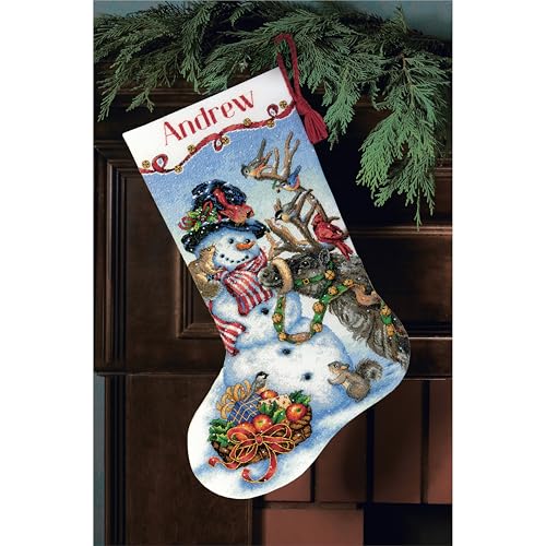 Image of Dimensions Gold Collection Counted Cross Stitch 'Snowman Gathering' Personalized Christmas Stocking Kit, White Aida, 16 inch, 18 Count