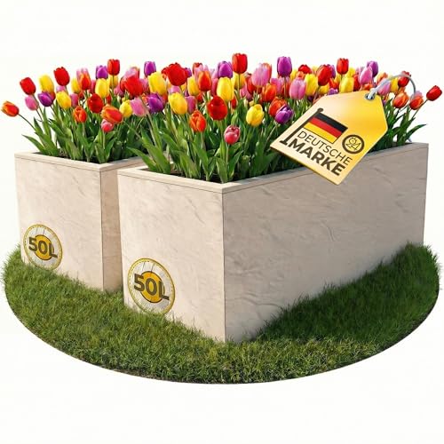 Ondis24 2X Pflanzkübel Vulkano, je 50L Pflanzvolumen, rechteckig, Blumenkasten mit Wasserspeicher, Balkon Terrasse, Blumenkübel, Doppelpack (Leinen)