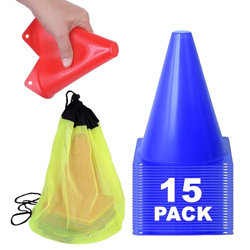 Athllete Unisex Sport Cones, 7" Blue Plastic Training Cones for Soccer, Football (15 Pack)