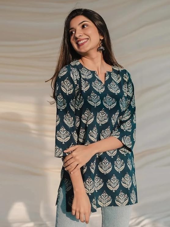 Image of Women's Regular Fit Printed Tunic Top with 3 /4 Sleeves and V Nack Long Length | Short Kurta for Women
