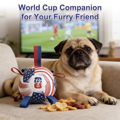 Image of Dog Toys Balls, Dog Soccer Ball with Straps, Dog Birthday Gifts, Durable Balls for Small Medium Pet, Puppy Outdoor Toy, Pet Training Soccer Ball, World Cup Soccer (7.25 Inch) (U.S.A, Large)