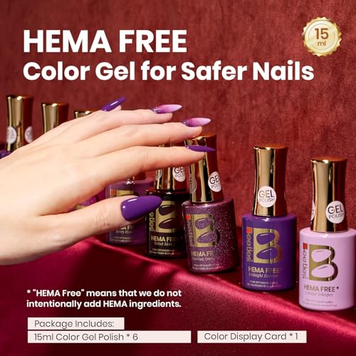 Image of Beetles Purple Gel Nail Polish - HEMA-Free 15ML Full Size 6 Colors Dark Purple Glitter Shimmer Color Gel Nail Polish Set Cassis Night Collection Kit with Swatch Card Home Salon Soak Off UV LED Gifts