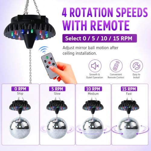 Image of Rechargeable Disco Ball Motor Light: 4000 mAh Battery Disco Ball Spinner | Rotating Mirror Ball Motor Fits 4-10 Inch Mirror Balls - 18 RGBW LEDs 0 /5 /10 /15 RPM 5 Modes for Party Wedding Ceiling Decor