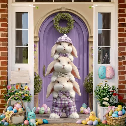 Image of Easter Door Cover Funny Stacked Bunnies Door Banner Happy Easter Door Covers for Front Door Spring Easter Bunny Door Decorations 35x71 Inch