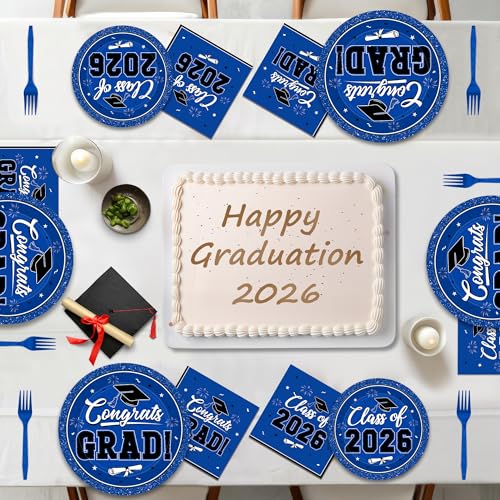 Image of 200Pcs Graduation Decorations 2026, Blue Graduation Plates and Napkins Party Supplies for 50 Guests, Disposable Grad Plates, Napkins, Dessert Plates and Forks for Grad Decor Wedding Birthday Supplies