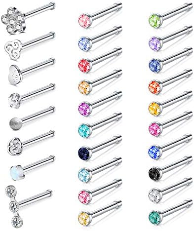 Zolure 20G 28PCS Stainless Steel CZ Nose Studs Rings Piercing Pin Body Piercing Jewelry Set