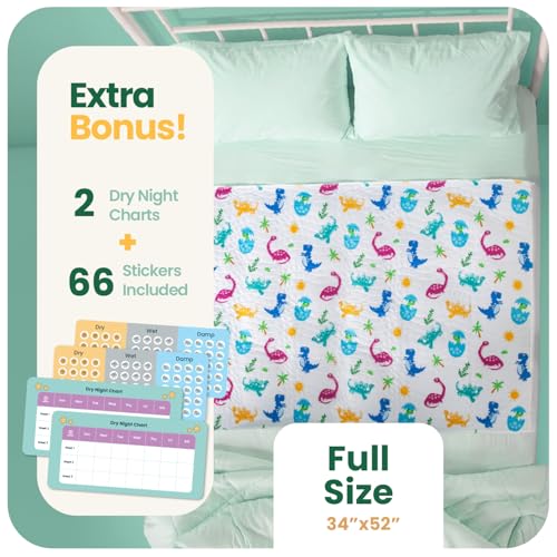 Image of IMPROVIA Pee Pads for Kids - Bed wetting Pads for Kids Potty Training Bed mats for Toddlers Waterproof Reuseable Washable Absorbent, Non Slip - Dino Design - Full Size 34 inchx52