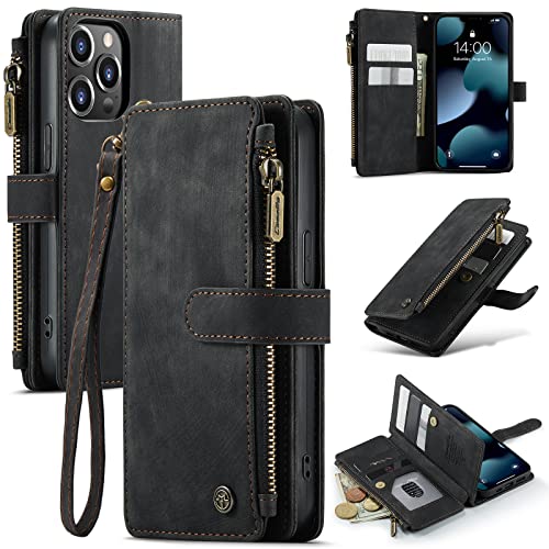 Étui portefeuille iPhone 12 / 12 Pro en cuir PU anti-choc avec fermeture éclair et béquille