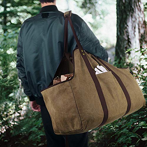 BONTHEE Extra Großer Kaminholzträger Holzkorb Brennholztasche Tragetasche aus Segeltuch mit 2 Griffe - 7