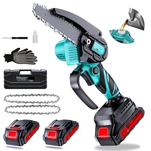 Olubfdh Mini tronçonneuse, Avec batterie 4000 mAh, 6 Pouces Tronçonneuse Électrique sans Fil avec Injecteur de Lubrifiant et 2 Batteries 2.0Ah 2 chaînes, pour sécateur, élagueur, coupe du bois
