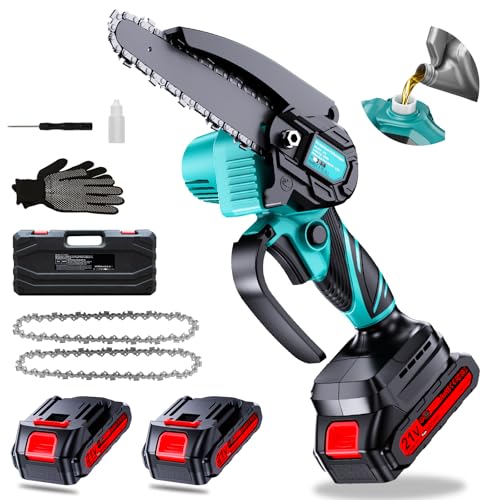 Olubfdh Mini tronçonneuse, Avec batterie 4000 mAh, 6 Pouces Tronçonneuse Électrique sans Fil avec Injecteur de Lubrifiant et 2 Batteries 2.0Ah 2 chaînes, pour sécateur, élagueur, coupe du bois
