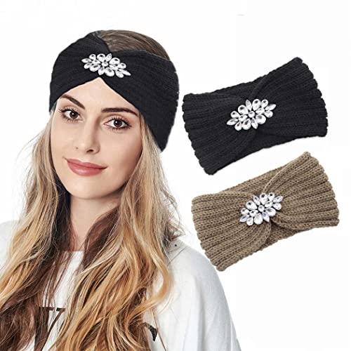 Catery Winter Headbands Rhintstones Women's Ear Warmer Headband Thick Head Wrap Elastic Kinit Head Band Cable Hair Band for Women and Girls Pack of 2 (B-Black+Camel)