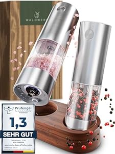 WALDWERK Elektrische Salz- und Pfeffermühle (300 mAh Akku) - Edle Akazie-Halterung - Elektrische Mühle für Salz und Pfeffer