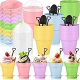 Honeydak 25 Pack Flowerpot Dessert Cup Plastic Cake Cups with Lid Shovel Spoon Mini Flower Pot Dessert Cups Ice Cream Yogurt Cupcake Holder Containers for Birthday Party Supplies DIY Baking(Colorful)