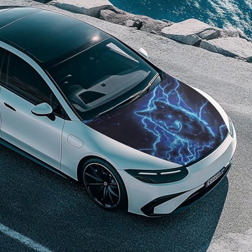 Image of Blue Wolf Car Hood Cover Polyester Elastic Fabrics Washable Suitable for Large SUV and Pickup Trucks 39x59in