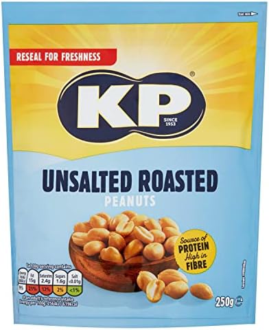 KP Nuts - UNSALTED Peanuts - 250g Pack - Roasted until golden for the perfect KP taste and crunch - Source of protein - High in fibre